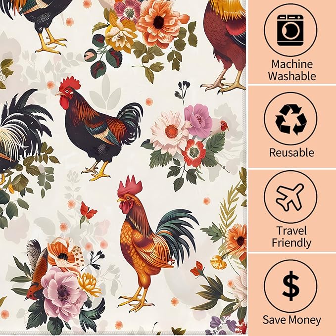 Cute Rooster Hand Towels - 2 Pack, 14.5" X 28",Soft Microfiber Polyester Farmhouse Towel Set with Chicken Floral Pattern,for Rustic Bathroom Kitchen Spa Hotel Decor Gifts Women Girls