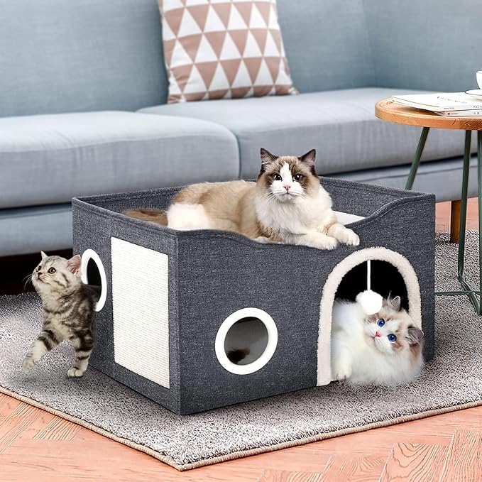 Heeyoo Cat House for Indoor Cats - Large Cat Bed Cave with Fluffy Ball and Scratch Pad, Foldable Cats Houses & Condos, Cat Hideaway, Covered Kitty Bed for Multi Small Large Kitty, 23.8x15.9x13.2 Inch