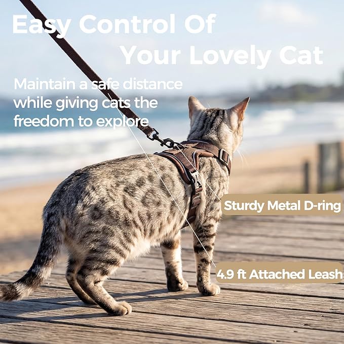 Cat Harness and Leash Set Escape Proof Tactical Large Kitten Harness Emotional Support Cat Vest, Brown, L
