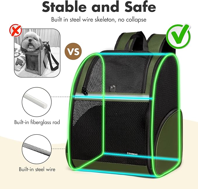 Pet Backpack Carrier, Large Cat Carrier Backpack Up to 20 Lbs with Breathable Mesh, for Medium Large Cats or Small Dogs, Travel Hiking Camping Backpack (DarkGreen-XL)
