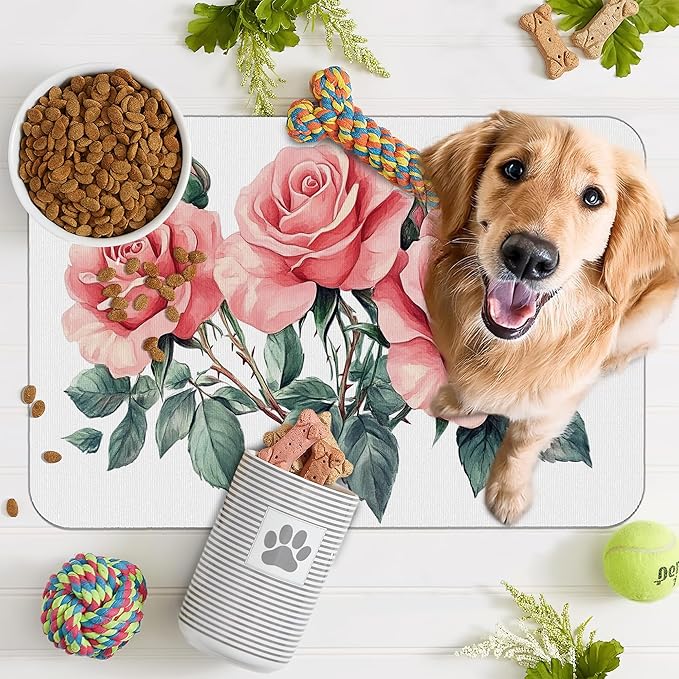 Pink Rose Pet Feeding Mat,Vintage Absorbent Quick-Dry Cat Dog Food and Water Bowl Mats,Non-Slip Rubber Backing Mat,Cat Dog Accessories Supplies 16"x24"