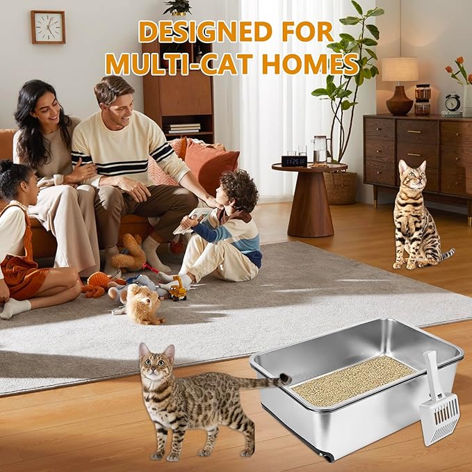 23.5" x 15.7" x 8" Stainless Steel Sifting Litter Box for Pine Pellets, XXL Large Pull-Out Cat Litter Box for Big Cats with High Sides, Metal Cat Litter Pan with Plastic Scoop &10 Urine Pads