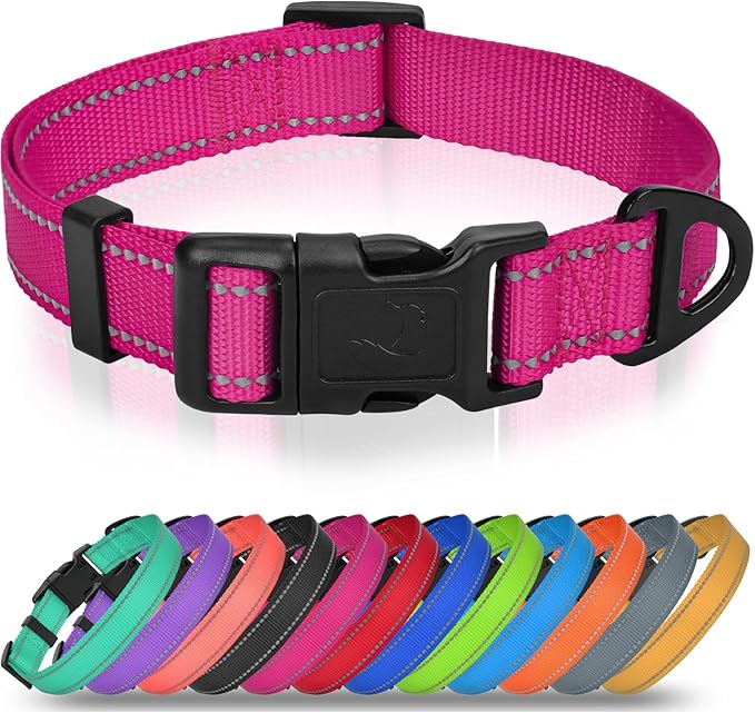 Joytale Reflective Dog Collar, Adjustable Nylon Pet Collar with Quick-Release Buckle for Medium Dogs, Hotpink, M