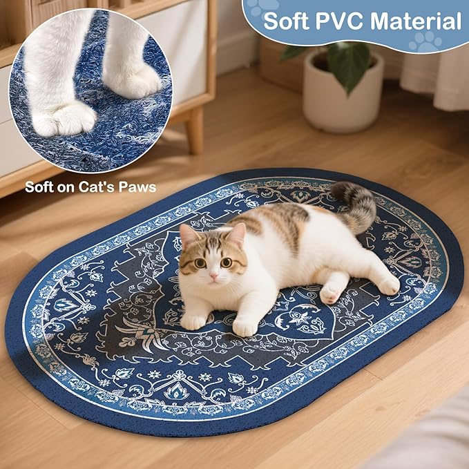 Bienbee Cat Litter Mat, 33" x 22" Large Size Litter Box Mat Rug with Non-Slip Bottom,Urine and Water Proof, Easy to Clean Cat Supplies Essentials for Indoor Kitty Kitten Floor,Navy Geometric L