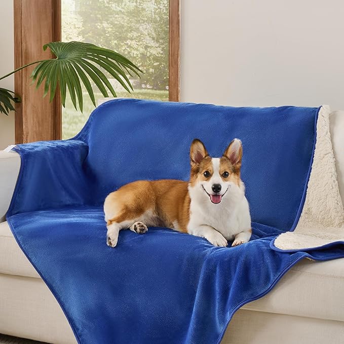 Sunheir Waterproof Dog Blankets for Extra Large Dogs - Cat Blanket Washable for Couch Protection, Soft Sherpa Fleece Puppy Throw Blanket to Prevent Urine Leaks & Protects Furniture, 50"X 60", Blue