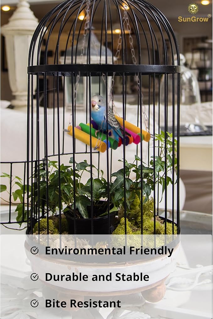 SunGrow Parrot Bird Swing Wooden Perch, Hanging Cage Accessory, Metal Chain Clasp, Colorful Bead Bar Design, Climb Ladder Hammock Setup, Indoor Mount System for Small Medium Pet Type Conure Parakeet