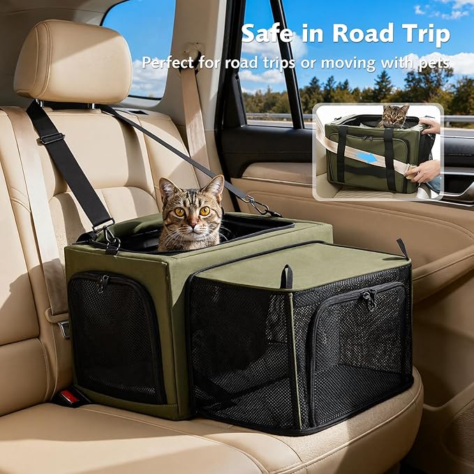 Pecute Cat Carrier Expandable, Stable Pet Carrier with 5mm Thick Steel Wire Frame, Dual-Side 200% Larger Space, Car Travel Carrier with Locking Zippers & Belt, Foldable for Storage,Green