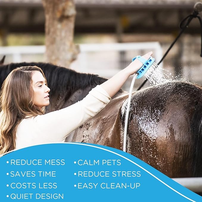 Aquapaw 5-in-1 Horse & Dog Bath Brush & Curry Comb - XL Blue Silicone - Includes 3-ft Shower Hose Attachment & Adapter - Adjustable Spray Scrub Massager - Great for Horses & Big Dogs