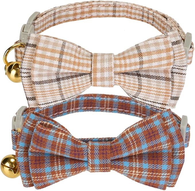 2 Pack Cotton Cat Collar, Removable Bowtie, Plaid Pattern, Safety Breakaway Clasp, Adjustable for Cats.(Adult Cat, Beige and Red)