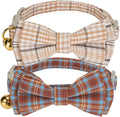 2 Pack Cotton Cat Collar, Removable Bowtie, Plaid Pattern, Safety Breakaway Clasp, Adjustable for Cats.(Adult Cat, Beige and Red)