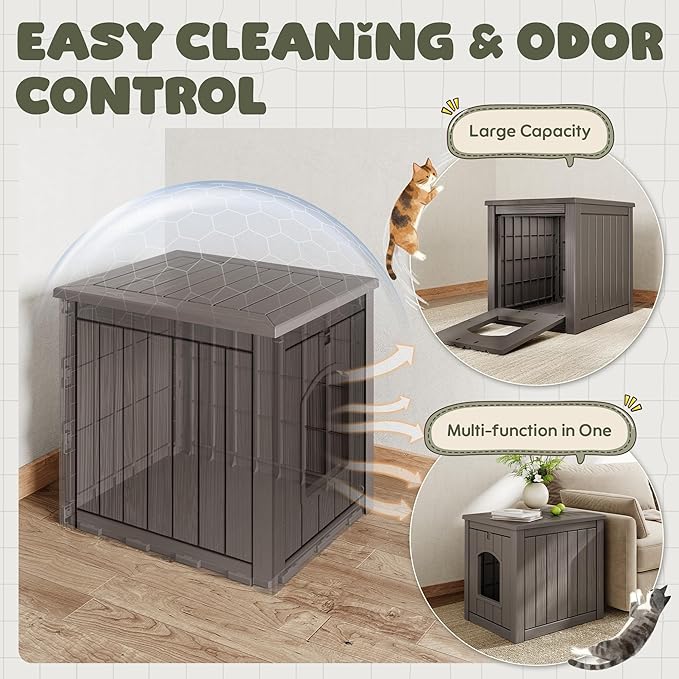 Cat Litter Box Enclosure, Plastic Hidden Litter Box Side Table with Openable Front Door, Waterproof & Weatherproof Cat House for Indoor & Outdoor Use (Gray)
