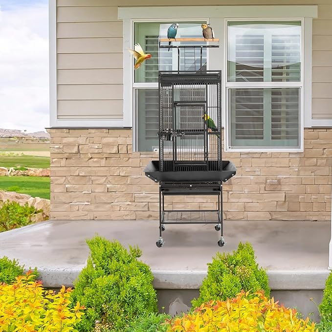 VINGLI Bird Cage with Rolling Stand for Parrots, Cockatiels, Budgies, Lovebirds, Small/Medium Birds (62“H with Play Top)