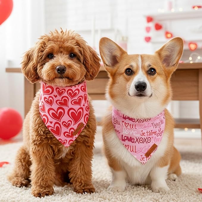 ADOGGYGO Valentine Dog Bandanas 2 Pack, Reversible Heart Love Print Puppy Scarf, Premium Fabric, Adjustable Fit Pink Red Valentine Bandanas for Small Dogs (Small)