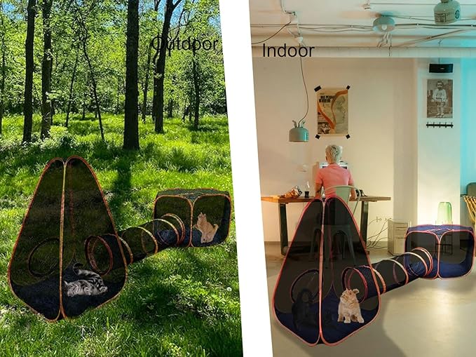 Portable Cat Small Animals Playpen DIY Outdoor Enclosures Freely Combinable 2in1 4in1 6in1 Pop Up Pet Play Tent Tunnel Cube House for Cat Puppy Rabbit (4in1 Tower Tent Tunnel)