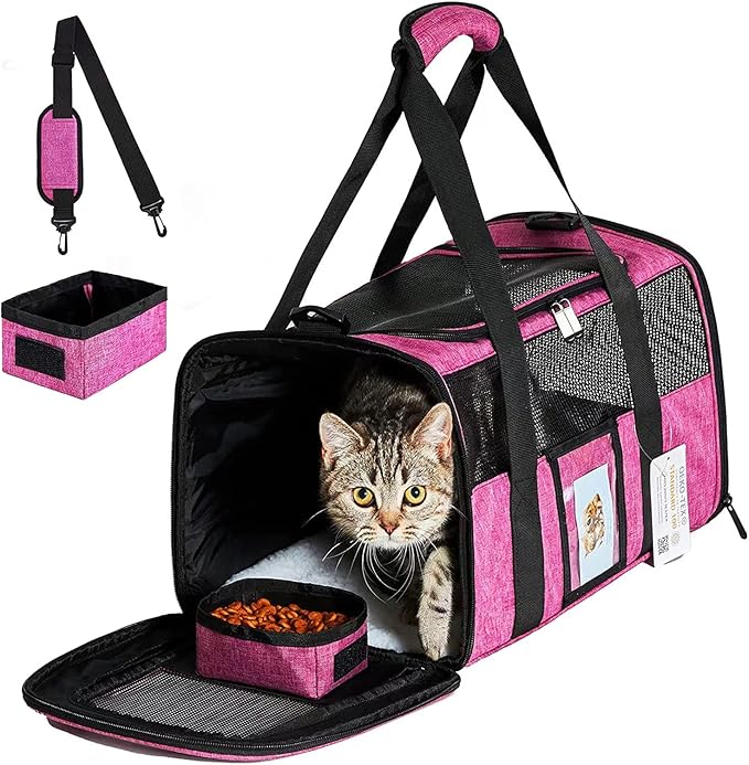 20 Inch Large Cat Carrier for Cats Up to 25 lbs, Extra Large Soft Sided Dog Travel Carrier - Collapsible, Airline Approved Size for 2 Cats with Removable Washable Mat & Food Bowl (Red)