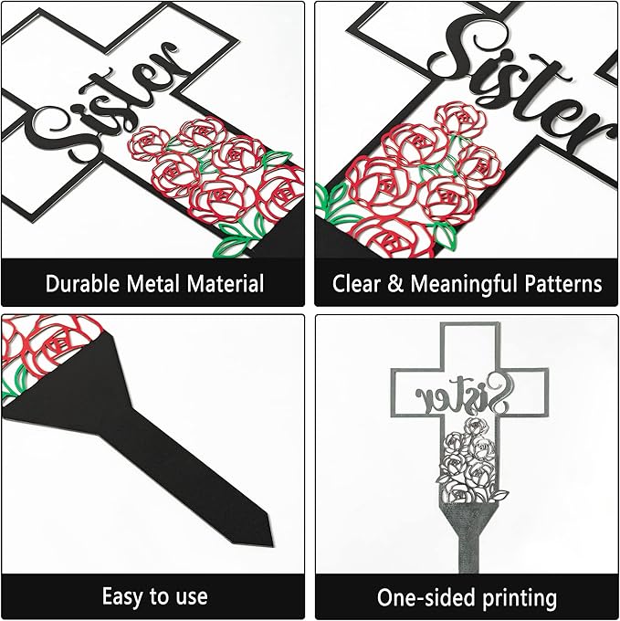 BUoonyer Sister Memorial Graves Markers Cemetery Decorations, Metal Cross Stakes Grave Stones Cemetery Headstones Decor, Girls Graveyard Remembrance Graveside Sign for Garden Outdoor Outside Yard