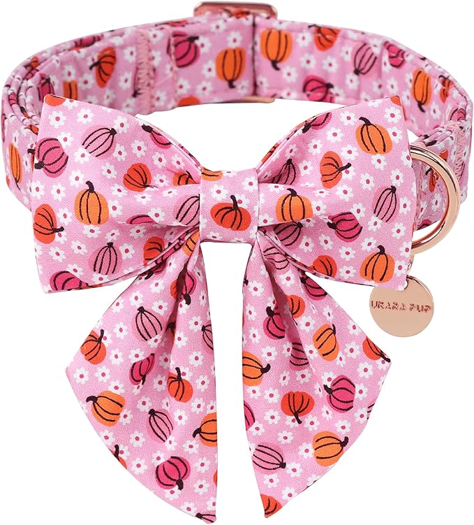 Halloween Pumpkin Dog Collar with Bow Tie, Pink Halloween Puppy Bowtie Collar with Adjustable Metal Buckle,Fancy Dog Collar Bowtie for Girl Boy Dog,S