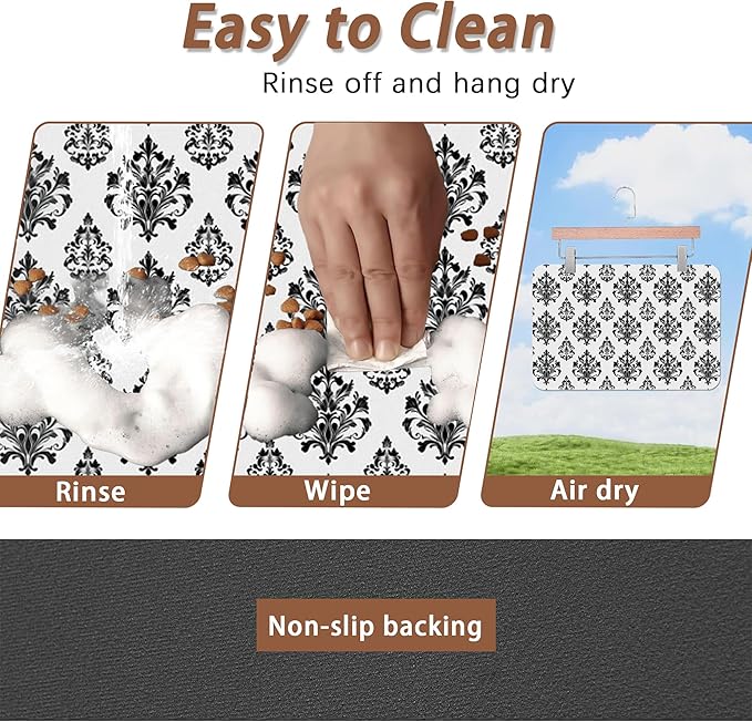 Vintage Damask Flower Dog Cat Food Mat,White Black Floral Absorbent Pet Feeding Mat for Food and Water,Non-Slip Dog Bowl Mats Floor Protector 12"x20"