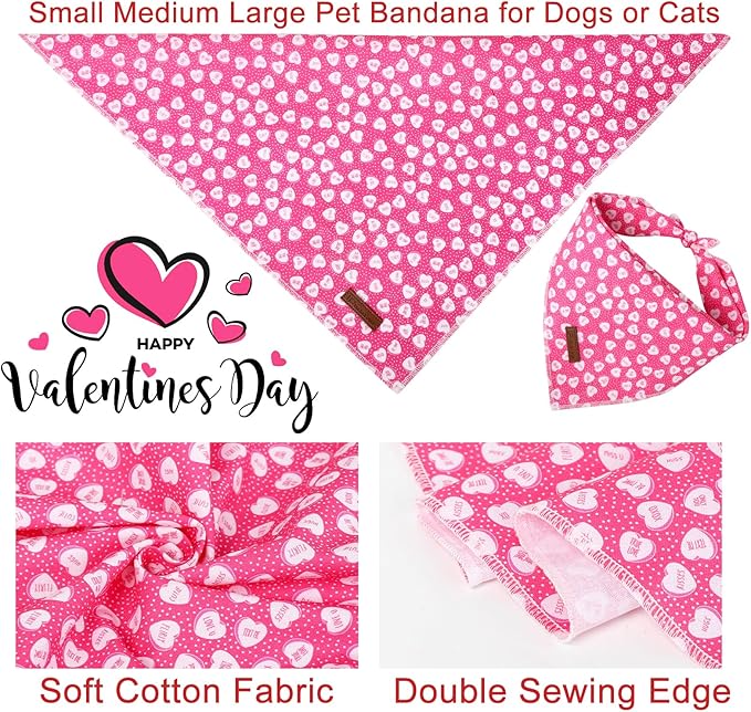 Valentine Dog Bandana, Pink Heart Triangle Bid Scarf for Small Medium Dog, Cotton Pet Kerchief for Girl Boy Dogs or Cats, Red Dog Bandana, Cute Adorable Puppy Bandana