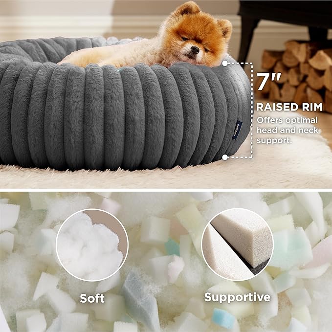 Bedsure ComfyFleece™ Donut Small Dog Bed - Dog Beds for Small Dogs with Corduroy Fleece & Anti Slip Bottom, Round Faux Fur Pet Beds with Washable Removable Cover, Warm Grey, 23x23x7 inches