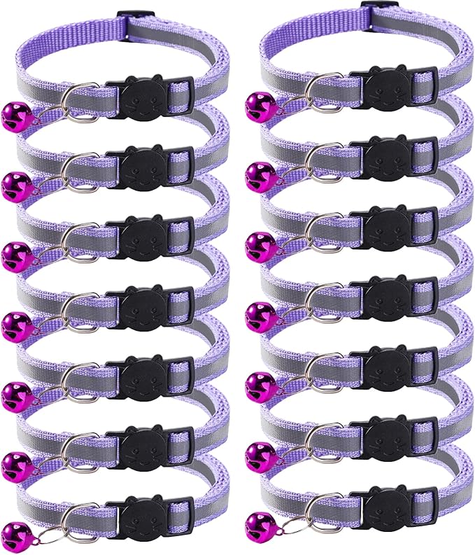 14 Pack Breakaway Cat Collar with Bell, Reflective Kitten Collar for Girl Boy Cats, Safety Buckle Adjustable 7.5-12.5 Inch, 0.4 Inch Width Lightweight, Pet Gifts (Purple)