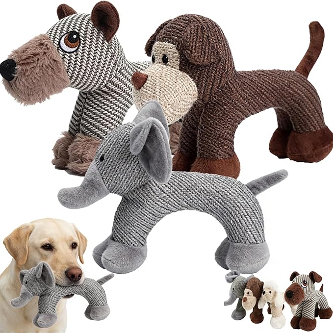 Linen Safari Companions, Squeaky Dog Chew Animals, with Durable Linen Material, Durable and Resistant to Chewing, for Relieve Dog's Boredom (Dog+Elephant+Monkey)