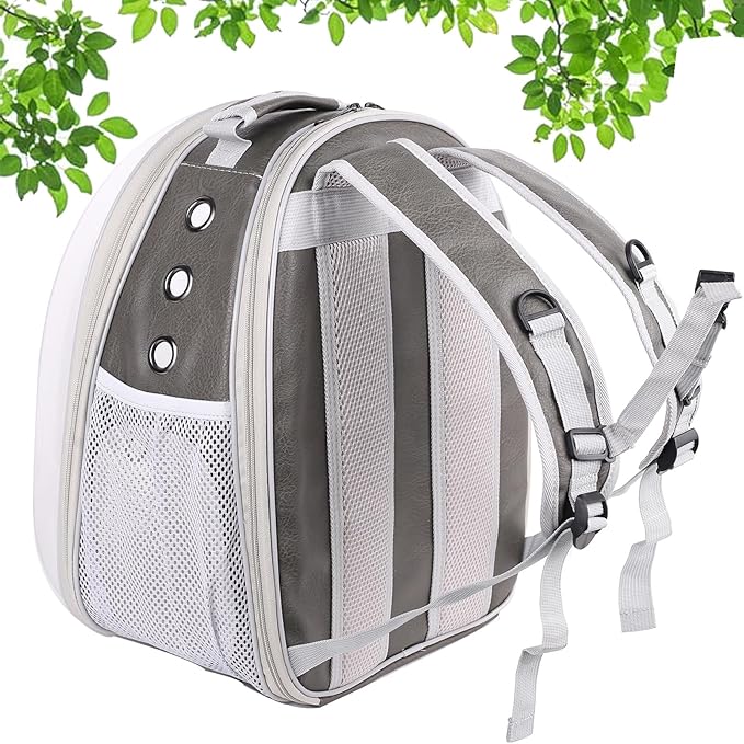 Expandable Carrier Backpack for Kitten Bunny and Small Puppy, Vented Transparent Space Capsule Astronaut Cat Bubble Window, PU Leather Grey Vet Carry Bag