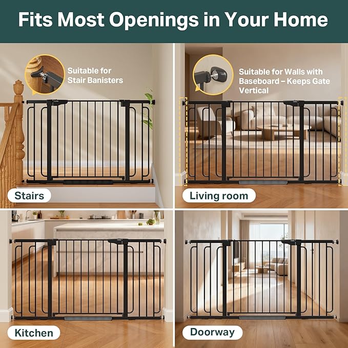 Cumbor 36.6-59" Extra Wide Baby Gate for Stairs, Pressure Mounted Dog Gate for Doorways, Auto-Close Easy Walk Through Safety Child Gate for Kids Toddler, Tall Pet Gates Indoor, Black
