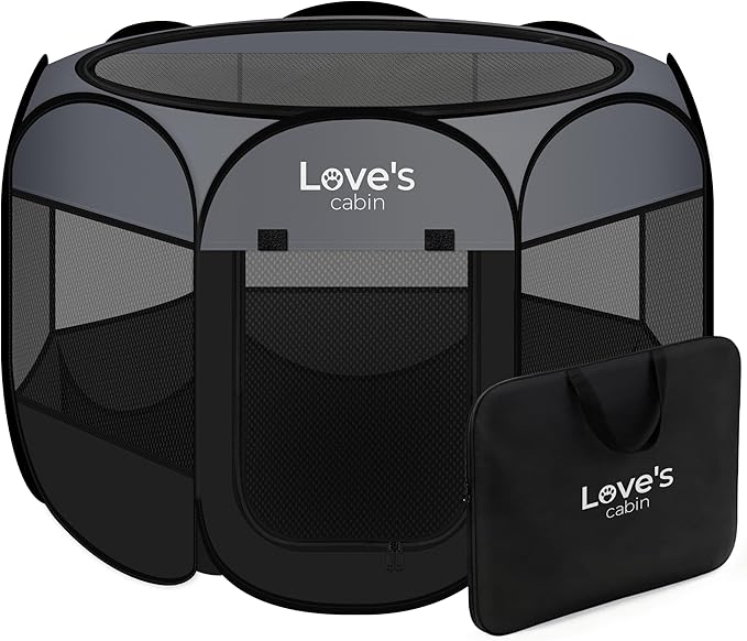 Love's cabin Pet Puppy Dog Playpen, Medium Dog Tent Crates Cage Indoor/Outdoor, Portable Playpen for Cat, Foldable Pop Up Dog Kennel Playpen with Carring Case, Removable Zipper Top, Dark Grey