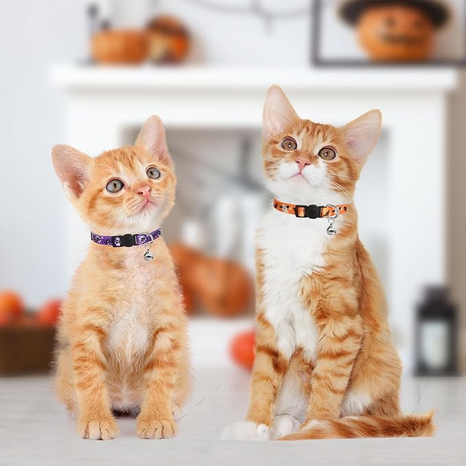 azuza 4 Pack Halloween Kitten Collars Breakaway with Bells, Adjustable Cat Collars with Safety Buckle,Adjustable from 6"-8", Skull and Crossbones,Ghosts, Spider and Pumpkin Prints