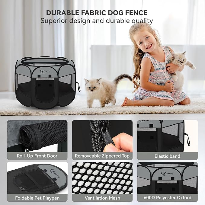 Dark Grey Dog Cat Playpen, Puppy Pet Playpen, Small Dogs Tent Crates Cage Indoor/Outdoor, Portable Pop Up Dog Kennel Playpen with Carrying Case for Dogs/Cats/Rabbits