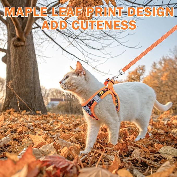 SCENEREAL Fall Thanksgiving Cat Harness and Leash Set Escape Proof, Soft Mesh Kitten Harness for Walking Travel, Reflective Adjustable Pet Vest with Leaf Print for Cat Puppy, S