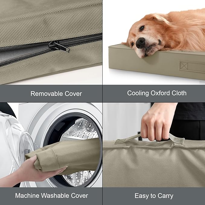 Outdoor Extra Large Dog Crate Bed, XXL Waterproof Dog Bed for Giant Breeds Dogs, 47x29 Inch Orthopedic Egg Crate Foam Pet Mat with Removable Cooling Cover, Khaki