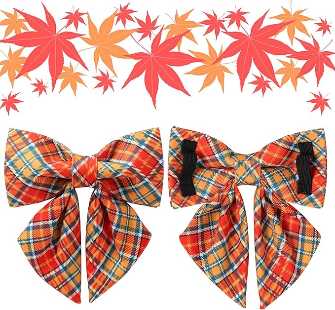 Autumn Plaid Dog Collar and Bow Tie Set – Orange Yellow Checkered Adjustable Fall Collar with Maple Leaf Charm for Small Medium Large Dogs, Soft Cotton Pet Collars with Buckle and D-Ring