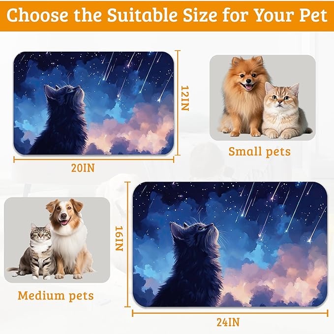 Cat Dog Food Mat,Starry Night Absorbent Pet Feeding Mat for Food and Water Bowl,Quick Dry Dog Placemat Non Slip Rubber Backing Waterproof Pet Supplies 16" x 24"
