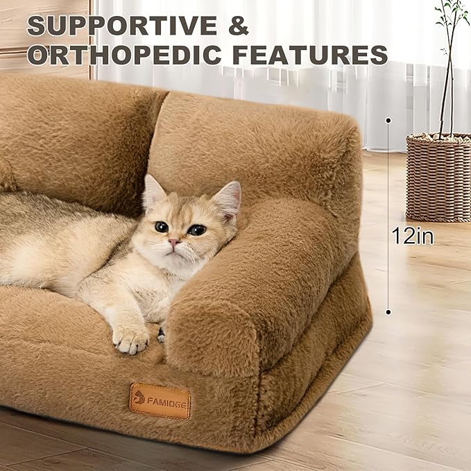 Plush Cat Couch Bed - Cat Bed for Indoor Cats, Dog Sofa Bed, Short Rabbit Fleece Calming Pet Couch with Removable Cover, Anti-Shedding Pet Sofa for Small/Medium Pets (26×18×12in, Brown)