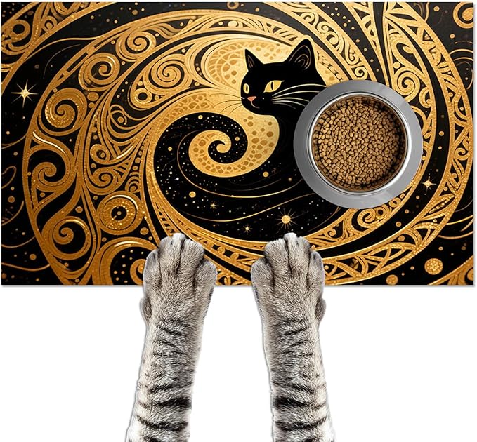 Cat Feeding Mat 24x16 inch Gold Black Artistic Cat Print Pet Bowl Placemat Non Slip Floor Mat for Food and Water Indoor Kitty Feeding Station Elegant Meal Pad for Small Pets Kitchen Use