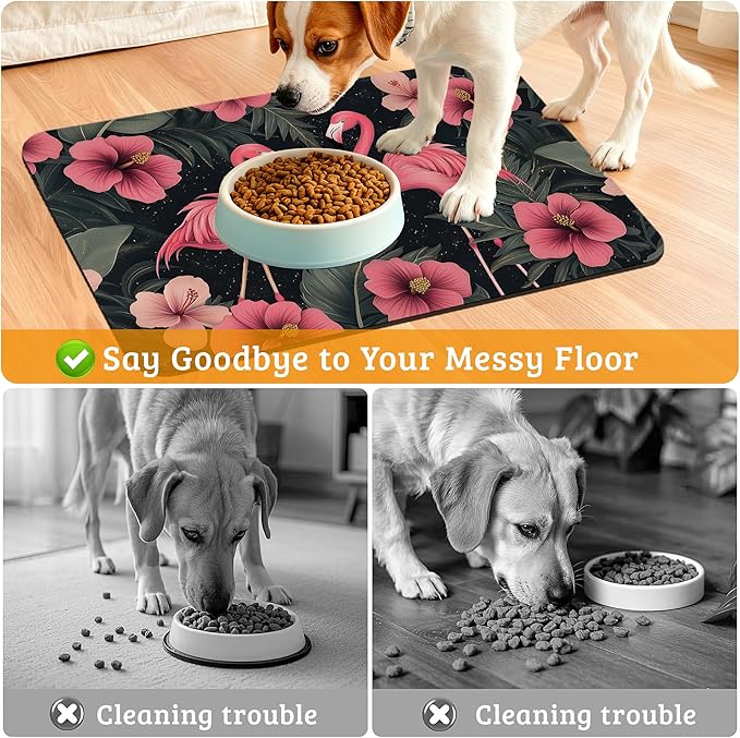 Pet Feeding Mat,Pink Flamingo Absorbent Dog Cat Food Mat Palm Leaves Dog Mat with Rubber Backing,Non-Slip Water Bowl Placemat,Pet Supplies 12" x 20"