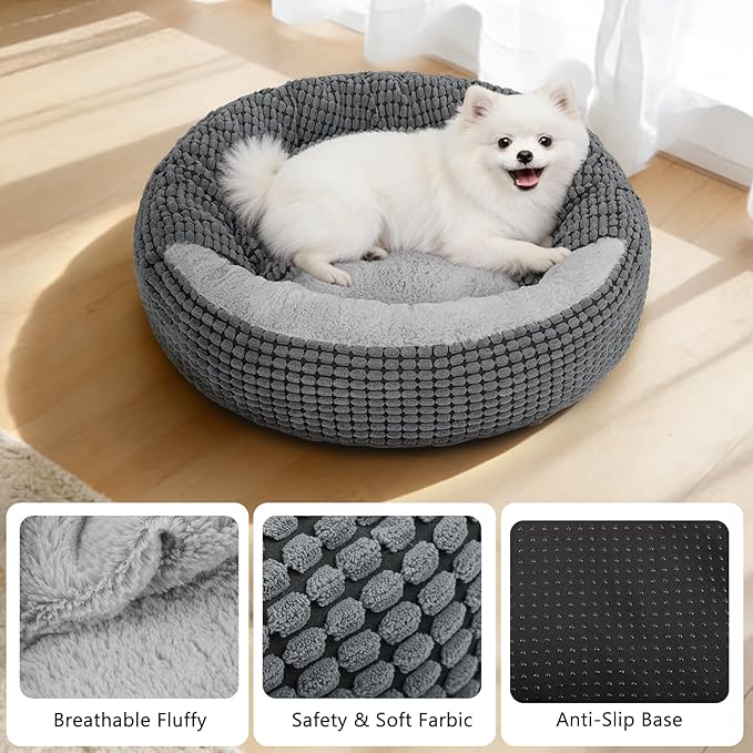 SIWA MARY Dog Bed with Attached Blanket for Small Dogs or Cats, Soft Plush Cozy Donut Cuddler Hooded Pet Beds Washable. Round Puppy Bed Orthopedic, Calming Cat Cave Bed. Anti-Slip Bottom 26inch