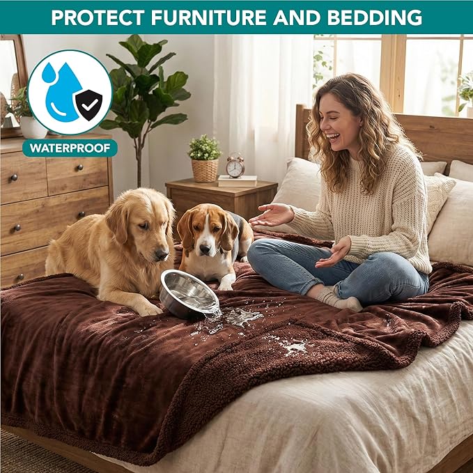 PetAmi Waterproof Dog Blanket for Queen Bed Large XL Dog Throw for Couch Cover Leakproof Furniture Protection, Sherpa Fleece, Reversible Soft Washable 90x90 Brown Brown