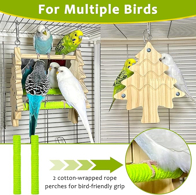 Bird Mirror Toy Perch, 2-Sided Hd Parakeet Mirrors & 2 Cotton-Wrapped Perches for Multiple Birds, Wooden Frame Hanging Parrot Swing for Cage, Safe No Sharp Edges Bird Toy for Budgie Lovebird Cockatiel