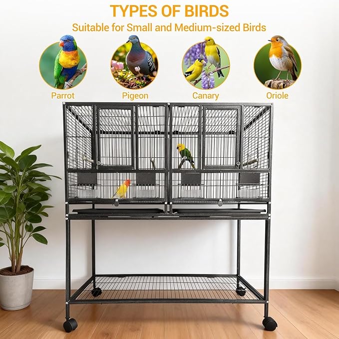43 Inch Bird Cage with Wooden Perches, Standing Wrought Iron Birdcage with Wheels, Large Parrot Cage Bird Cages with Slide-Out Tray Water Bottle Feeder for Parakeets,Cockatiel, Canary,Pigeons