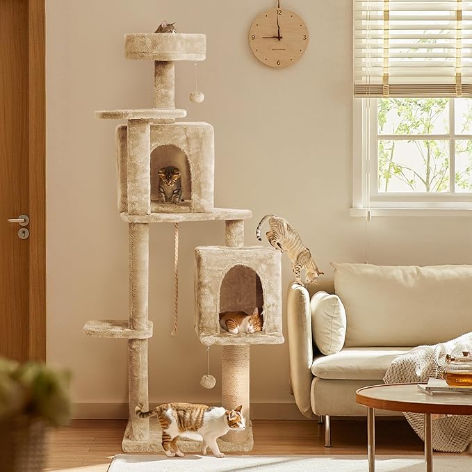 56-Inch Cat Tree for Large Cats, Multi-Level Cat Tower with 2 Condos, Sisal Scratching Posts & Hanging Toys – Sturdy Cat Furniture for Indoor Cats, Space-Saving Design (Easy Assembly), Beige