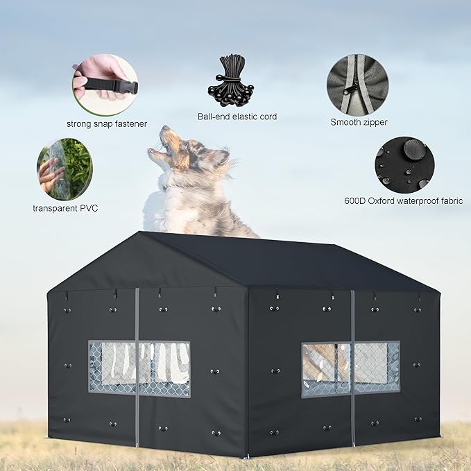 Outdoor Dog Kennel Cover Full Coverage for 10'Dx10'Wx7'H Dog Cages,600D Heavy Duty Waterproof Large Dog Kennel Cover,(Kennel not Included) Black