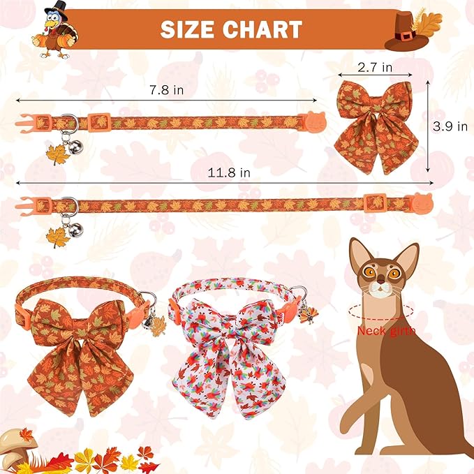 SCENEREAL Fall Cat Collar with Bell & Stylish Bowtie, Turkey Maple Leaf Pattern Breakaway Cat Collars Accessories for Boy Girl Small Cats, Holiday Thanksgiving Kitten Costumes for Female Male Pets