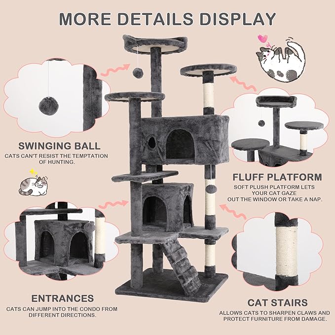 Heavy Duty Cat Tree Tower, 54" Tall, Multi-Level Cat Climbing Tower with Cat Scratching Post, Bed, Hanging Ball, Ashy