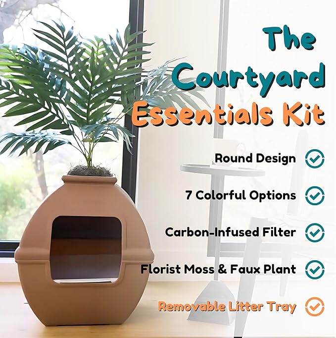 Good Pet Stuff Hidden Litter Box Planter, Decorative Cat Litter Enclosure with Carbon Filter, Artificial Plant, Easy Clean, Indoor Design, Courtyard Square Style, Essentials Kit, Mocha Brown