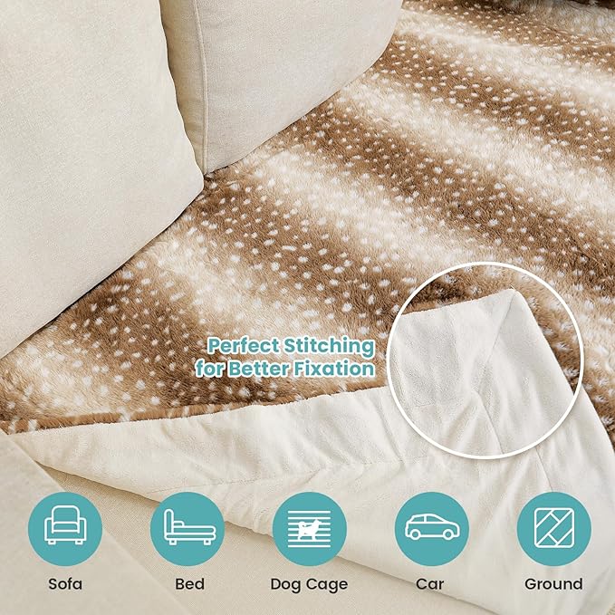 Luxury Faux Fur Blanket Deer Print, Waterproof Pet Blanket Washable, Woman Sofa Bed Couch Throw, Liquid Pee Proof for Large Dog or Cat, Reversible, Super Soft, 60x80 inch, Brown