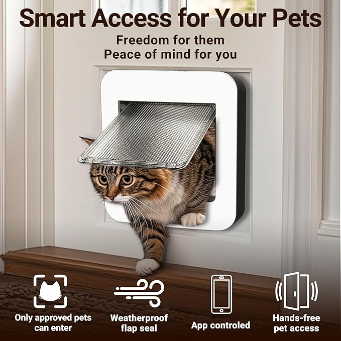 Smart Cat Door with Face Recognition – No Collar Needed, Keyless Entry for Cats（Outer Size 11.4"x10.4"）, App-Controlled Cat Door, Dual Power: Rechargeable Battery or Plug-in