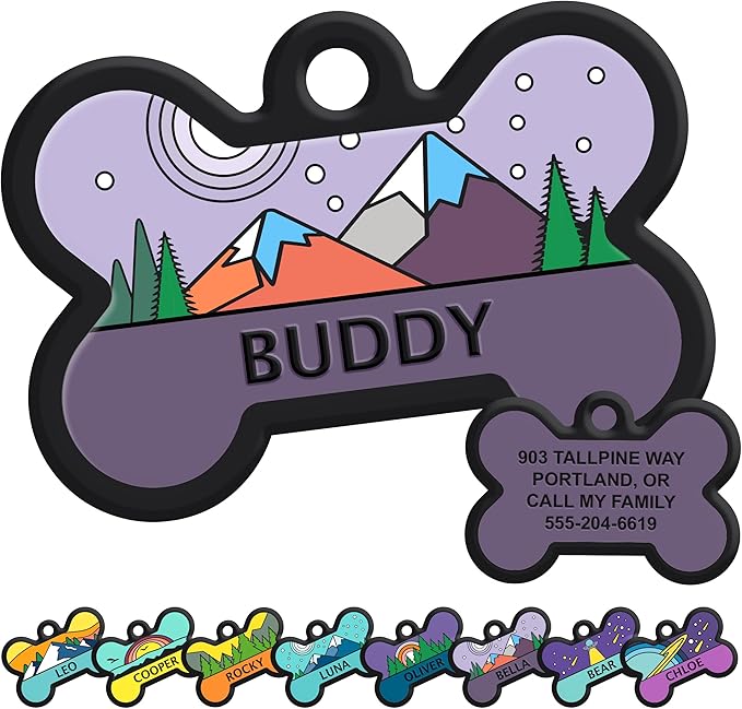 GoTags Silent Dog Tag, Personalized Engraved Bone Silicone Dog and Cat Name Pet ID Tags, Soundless No More Jingling Dog Tags (Mountain Purple)